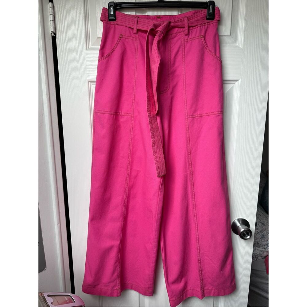 Farm Rio Pink Baggy Wide Pants Small Straight Leg Green Embroidery NEW 29